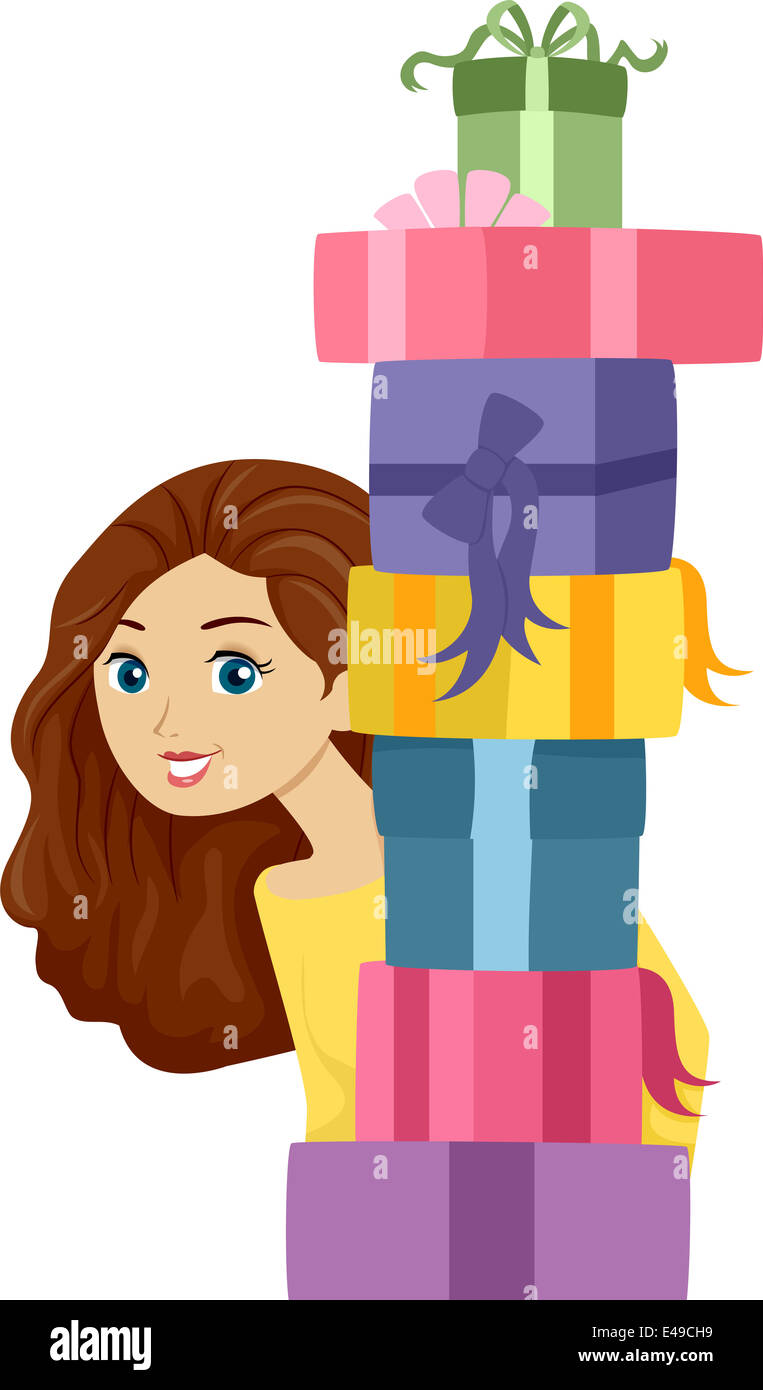Illustration d'une jeune fille portant une grande pile de cadeaux Banque D'Images