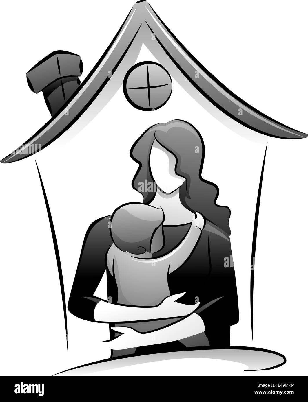 Illustration avec l'icône de l'esquisse d'une garde d'enfants et un enfant dessiné en noir et blanc Banque D'Images