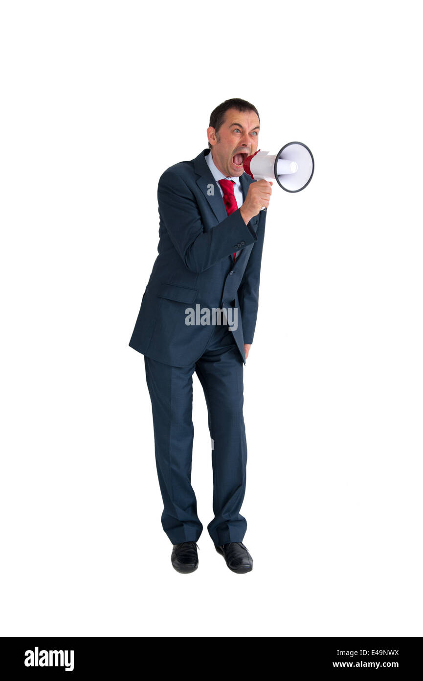 Angry businessman with megaphone ou loudhailer isolated on white Banque D'Images