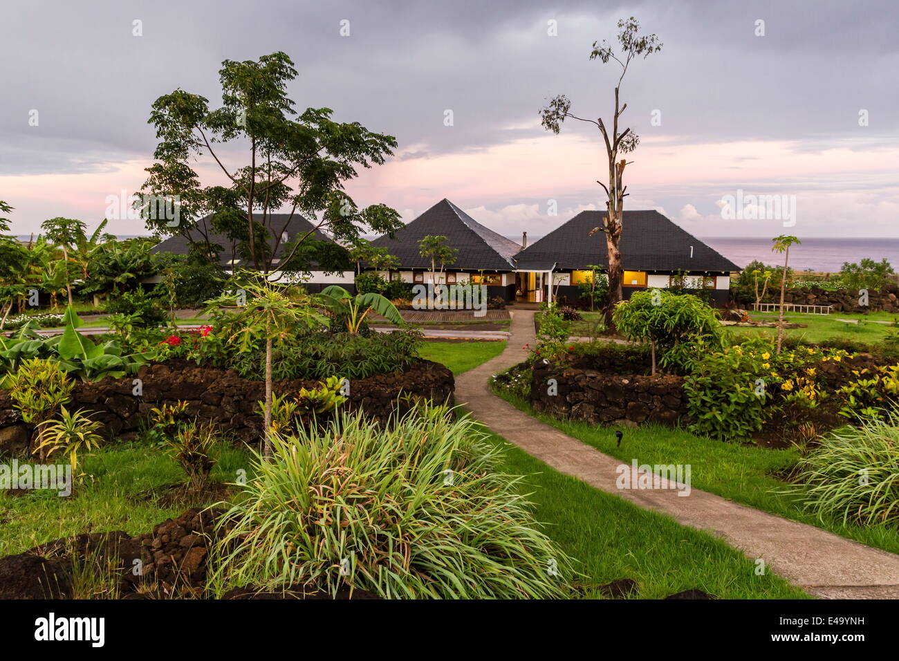 Une vue de l'hôtel Altiplanico sur l'île de Pâques (Isla de Pascua), Rapa Nui, Chili, Amérique du Sud Banque D'Images