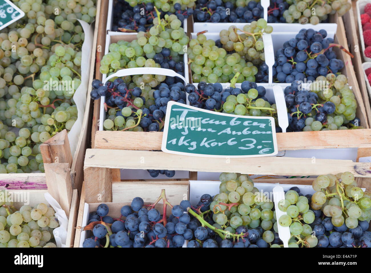 Les raisins pour le vin blanc et bleu at a market stall, marché hebdomadaire, marché, Esslingen, Baden Wurtemberg, Allemagne, Europe Banque D'Images