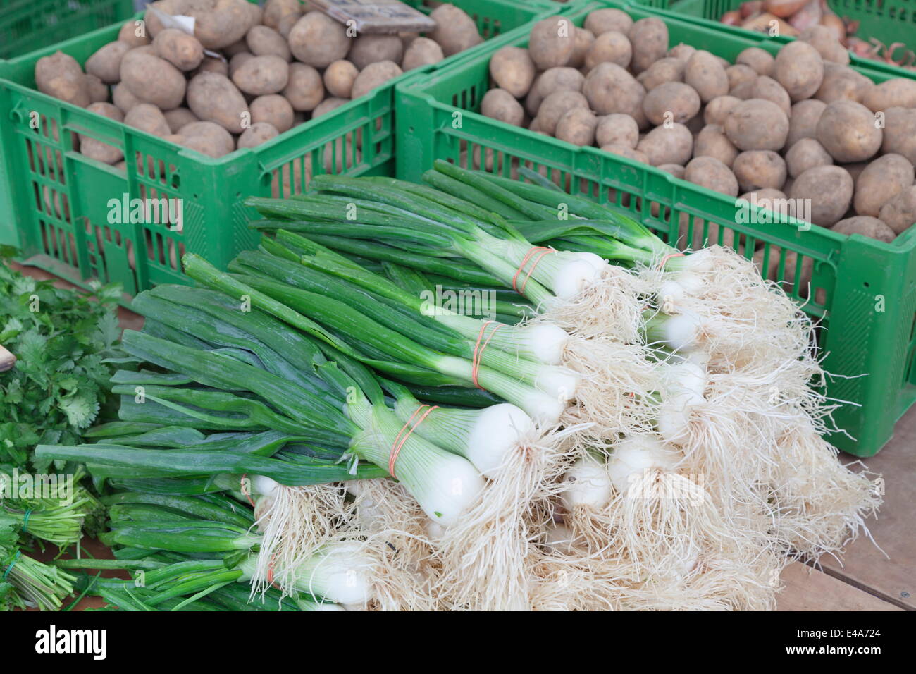 Oignons et pommes de terre à une échoppe de marché, marché hebdomadaire, marché, Esslingen, Baden Wurtemberg, Allemagne, Europe Banque D'Images