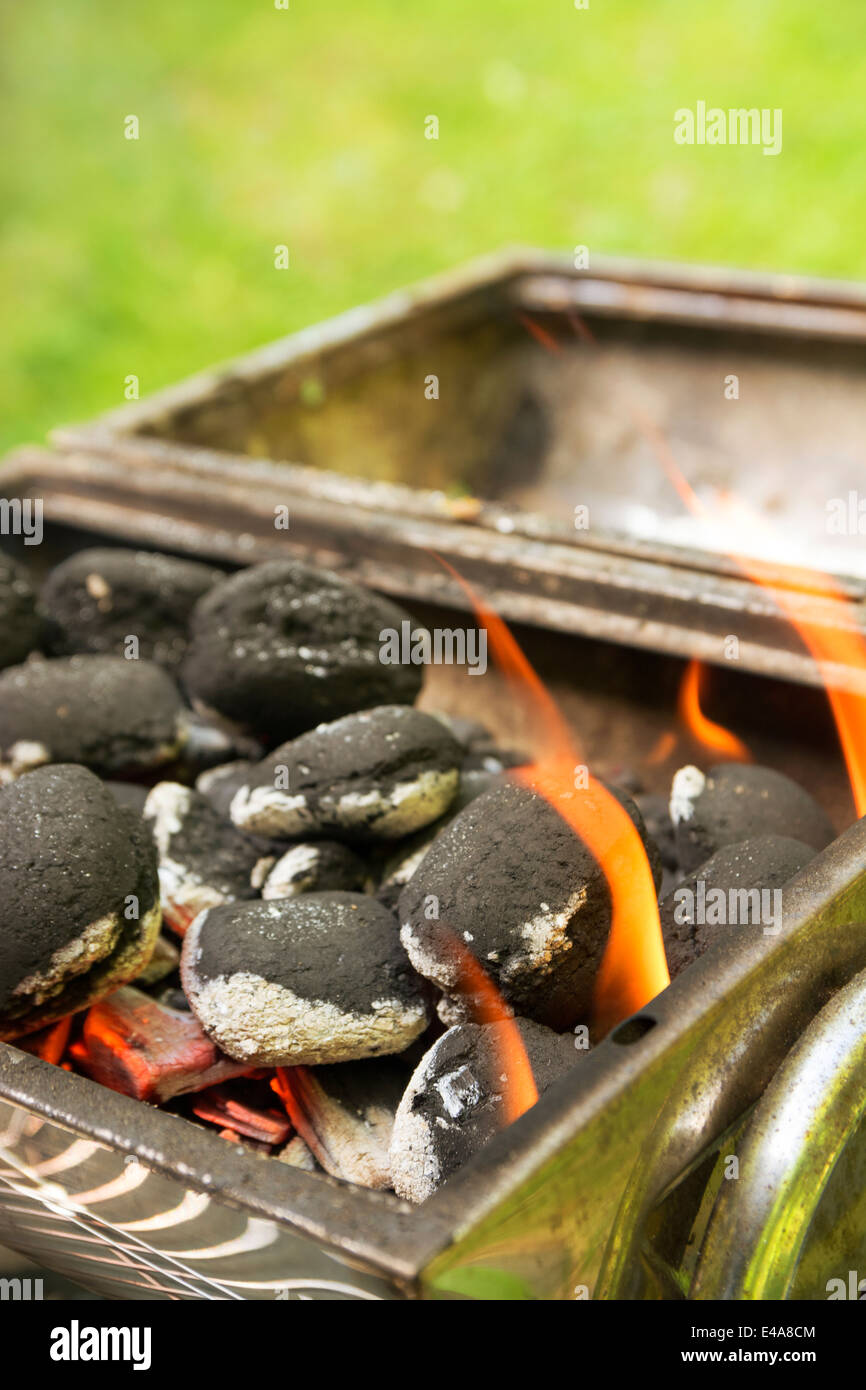 La combustion du charbon de bois sur la grille dans le jardin Banque D'Images