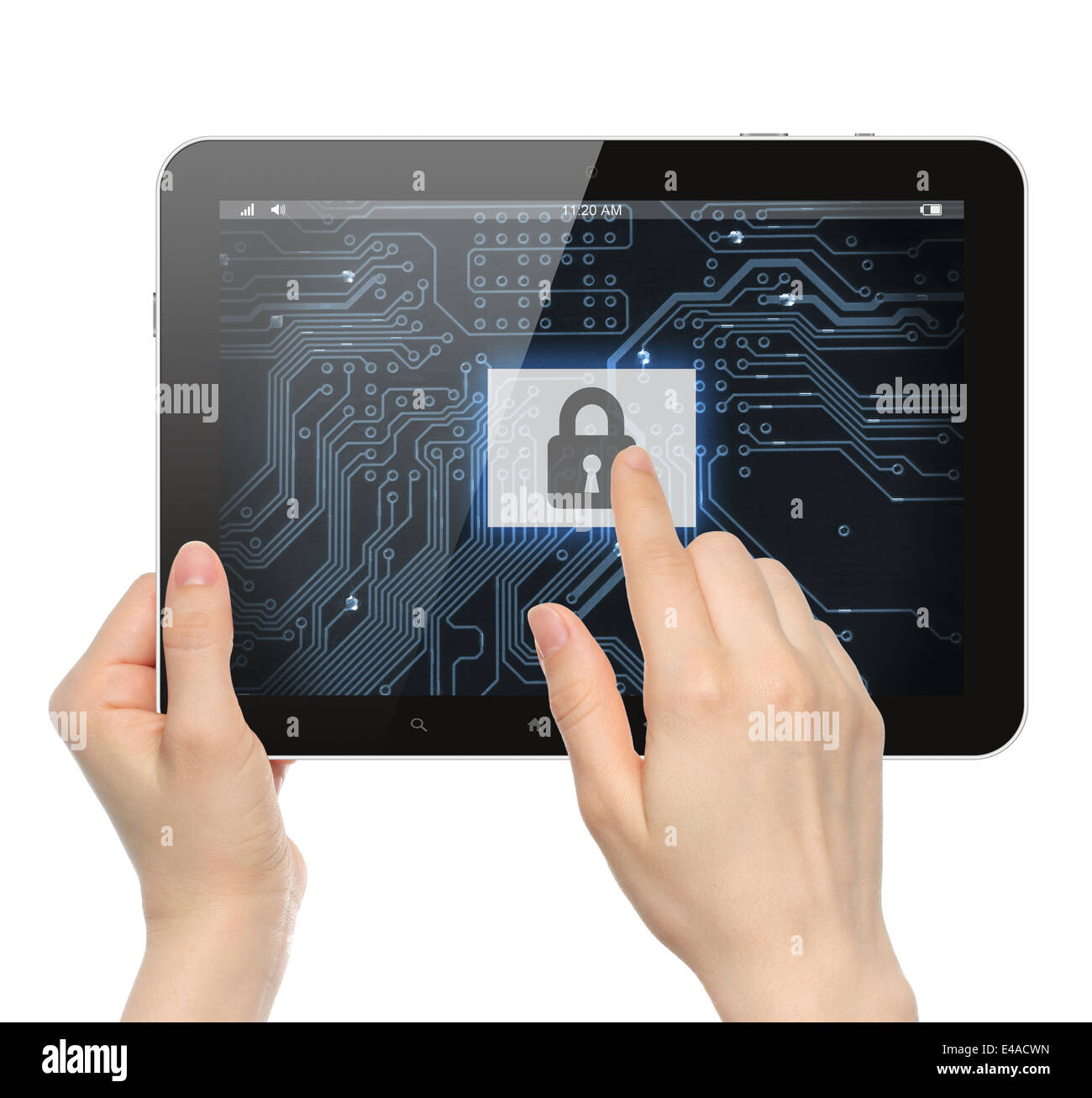 Pousser à la main sur le bouton de sécurité virtuelle de fond numérique tablet PC sur fond blanc Banque D'Images