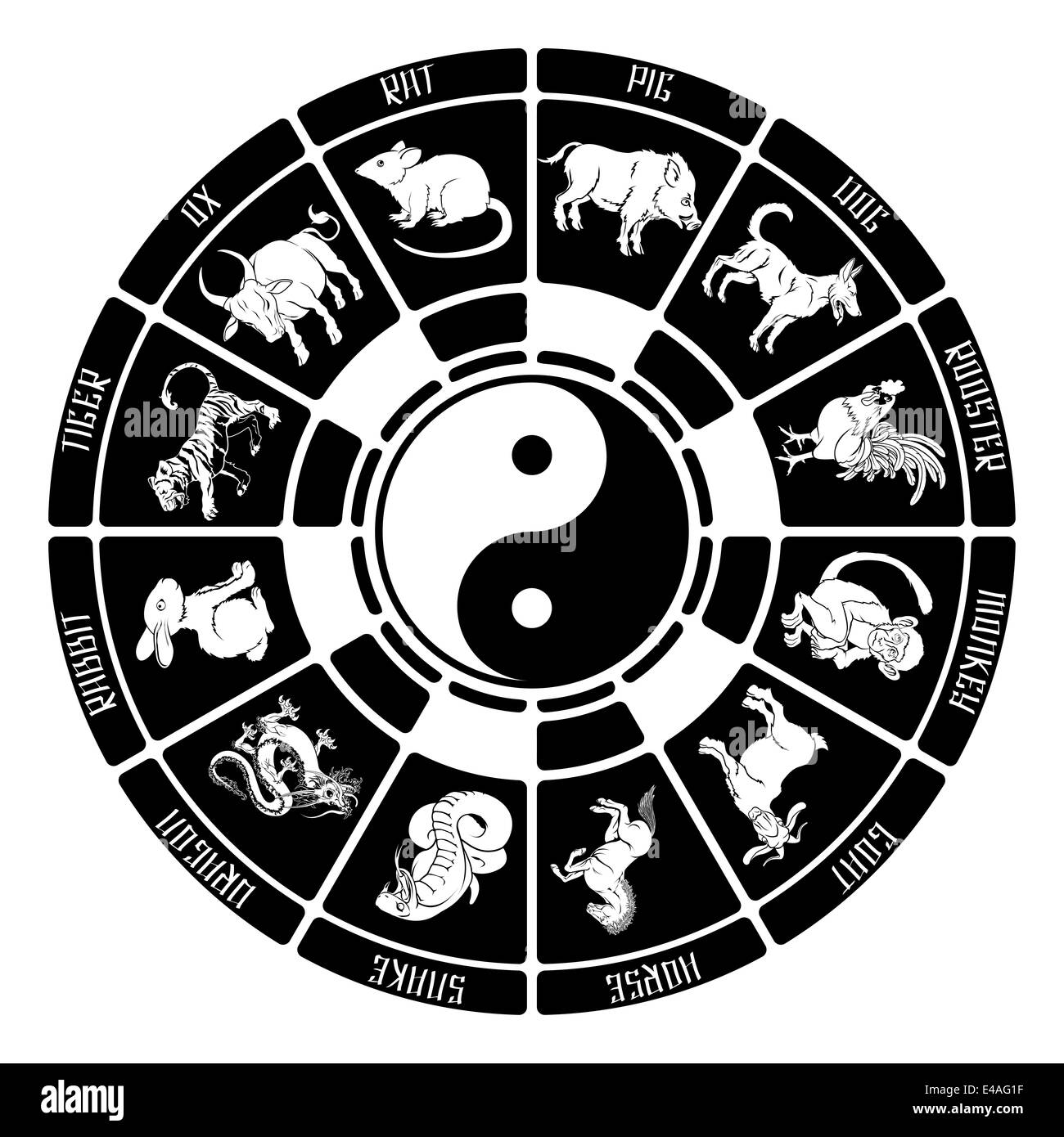 Illustration noir et blanc de tous les symboles des animaux dans le zodiaque chinois en vue autour d'une roue avec une icône dans le Yin Yang Banque D'Images