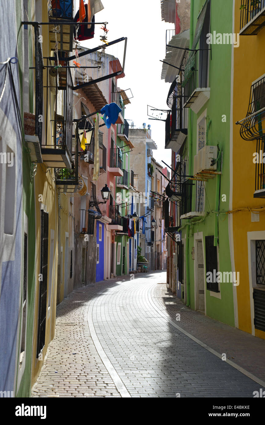 Maisons colorées, La Vila Joiosa (Villajoyosa), Costa Blanca, Alicante Province, Royaume d'Espagne Banque D'Images