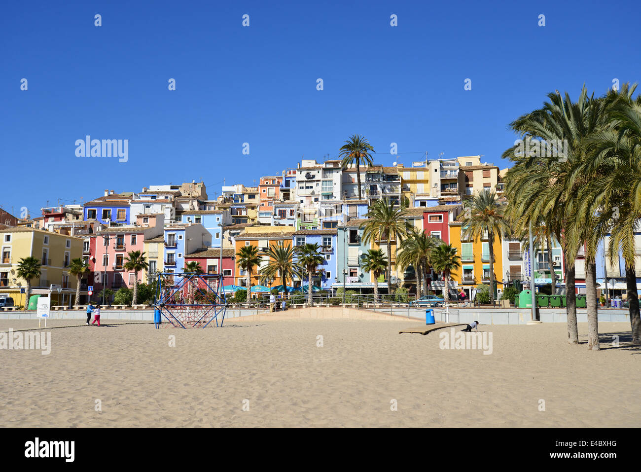 La Platja Centre (plage centrale), Villajoyosa (La Vila Joiosa), Costa Blanca, Alicante Province, Royaume d'Espagne Banque D'Images