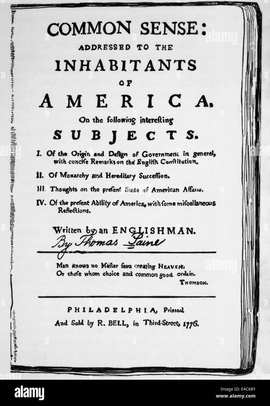 Couverture brochure, "bon sens" par Thomas Paine, 1776 Banque D'Images
