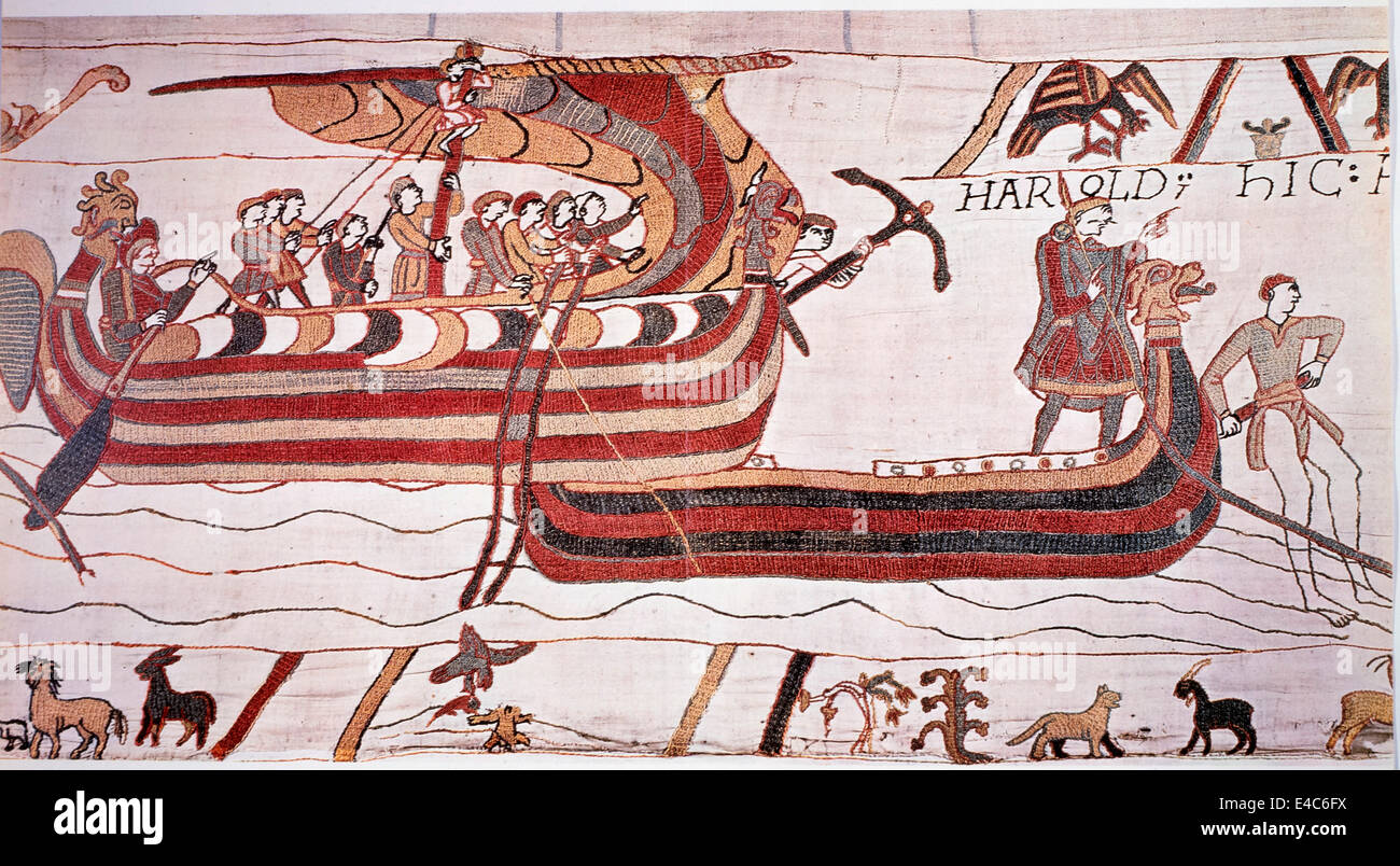 William le Conquérant voiles contre l'Angleterre, 1066, la Tapisserie de Bayeux Banque D'Images