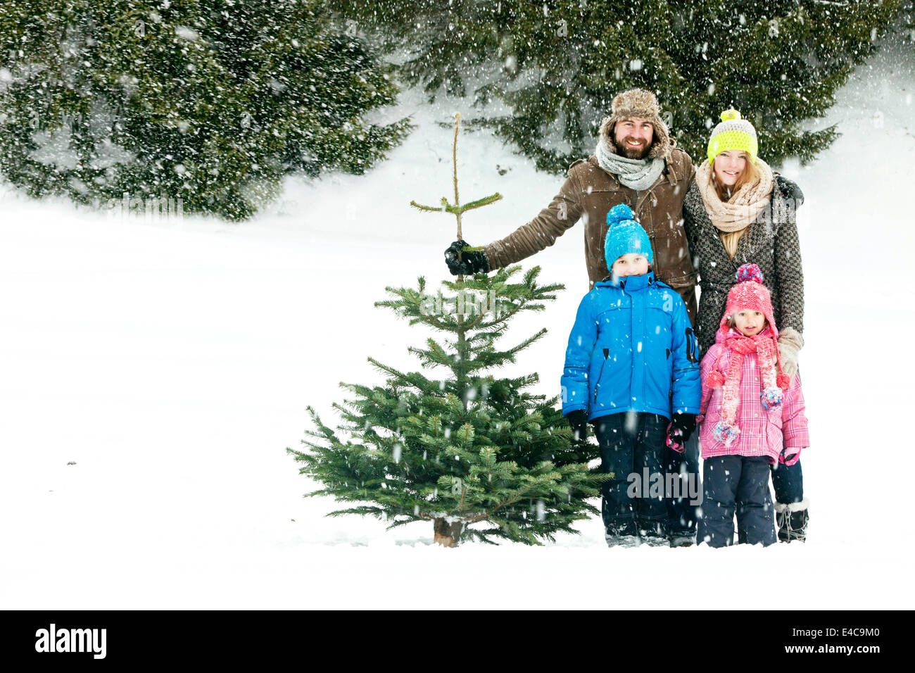 Famille avec deux enfants se dresse avec arbre de Noël dans un paysage enneigé, Bavière, Allemagne Banque D'Images