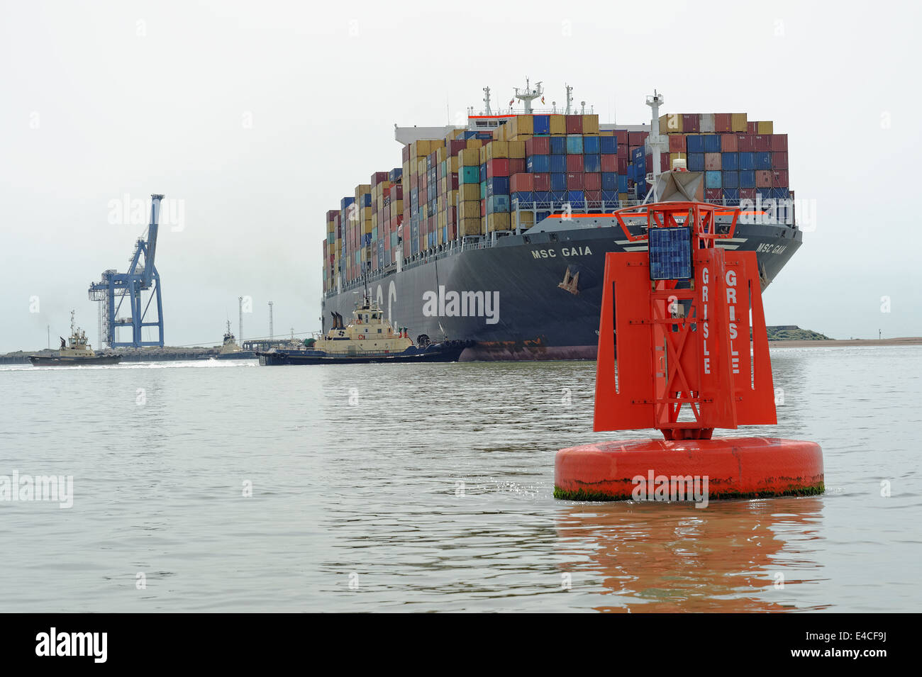 Les 151 000 tonnes de navires porte-conteneurs MSC Gaia être manoeuvré à l'aide de remorqueurs dans le terminal à conteneurs de Felixstowe (Royaume-Uni). Banque D'Images