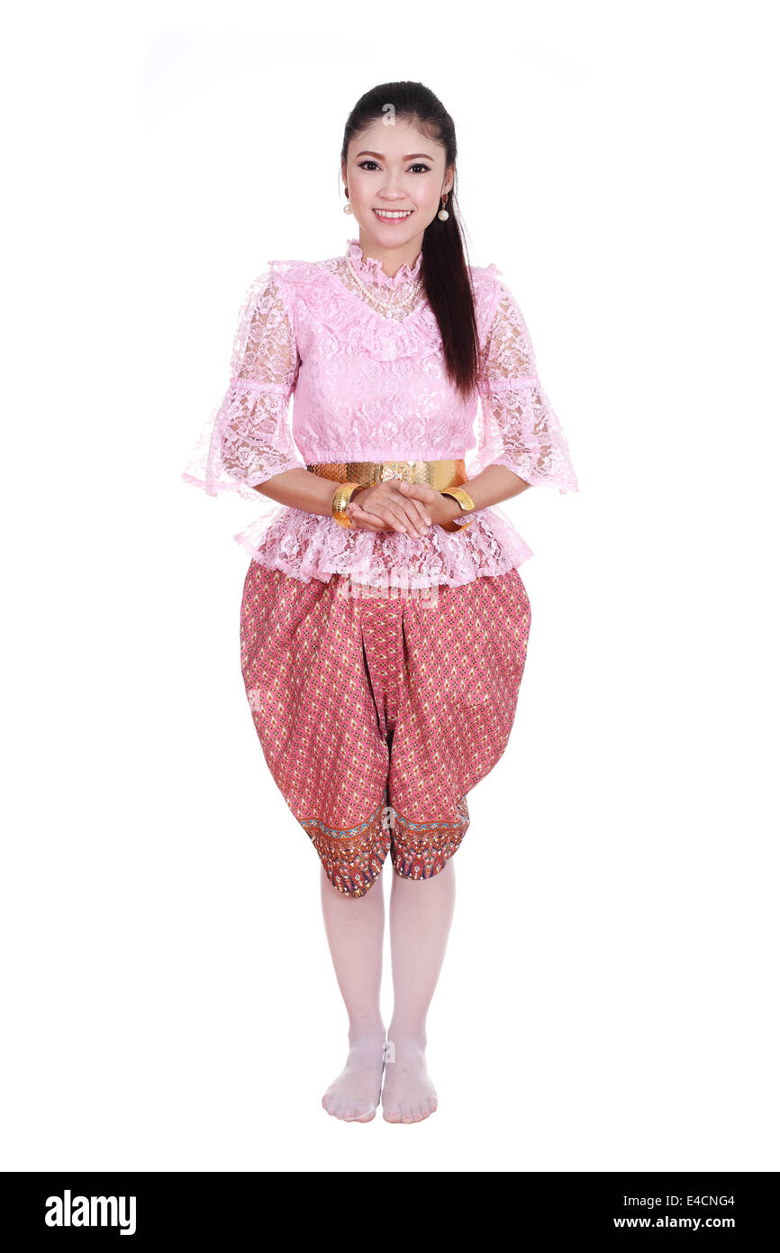 Femme portant robe typiquement thaïlandais isolé sur fond blanc, de l'identité de la culture de la Thaïlande Banque D'Images