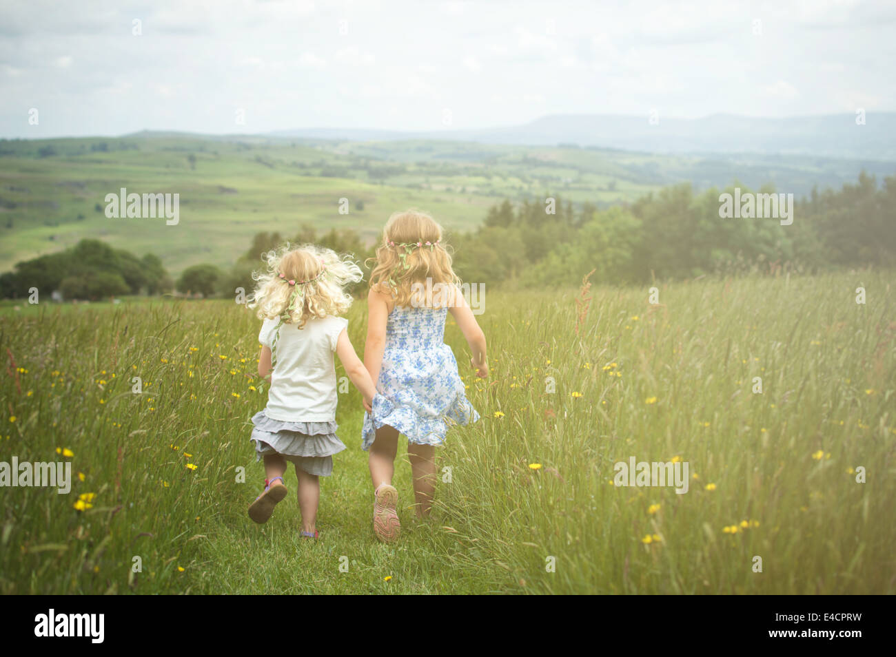 2 soeurs courant le long d'une prairie de fleurs Banque D'Images