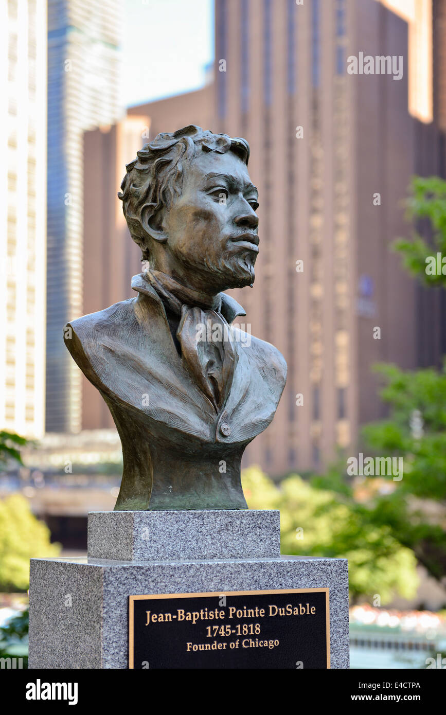 Jean-Baptiste Pointe DuSable, fondateur de Chicago, Sculpture buste en Cour pionnier le long de la Magnificent Mile, Michigan av Banque D'Images