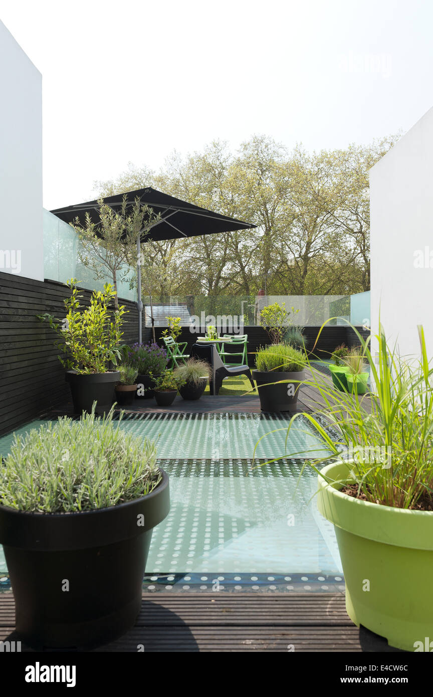 Mobilier de jardin et plantes en pot sur la terrasse de toit moderne Banque D'Images