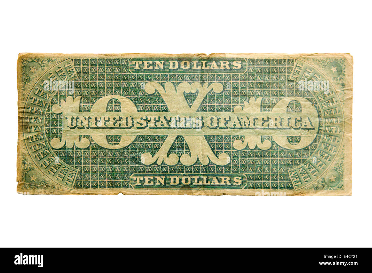 Vue arrière d'une rare 1861 $10 US découpe des billets Banque D'Images