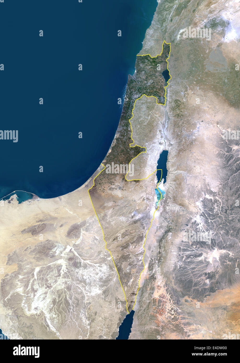 Israël, Moyen-Orient, Asie, True Color Satellite Image avec masque et de la frontière. Vue d'Israël (avec masque et de la frontière). E Banque D'Images