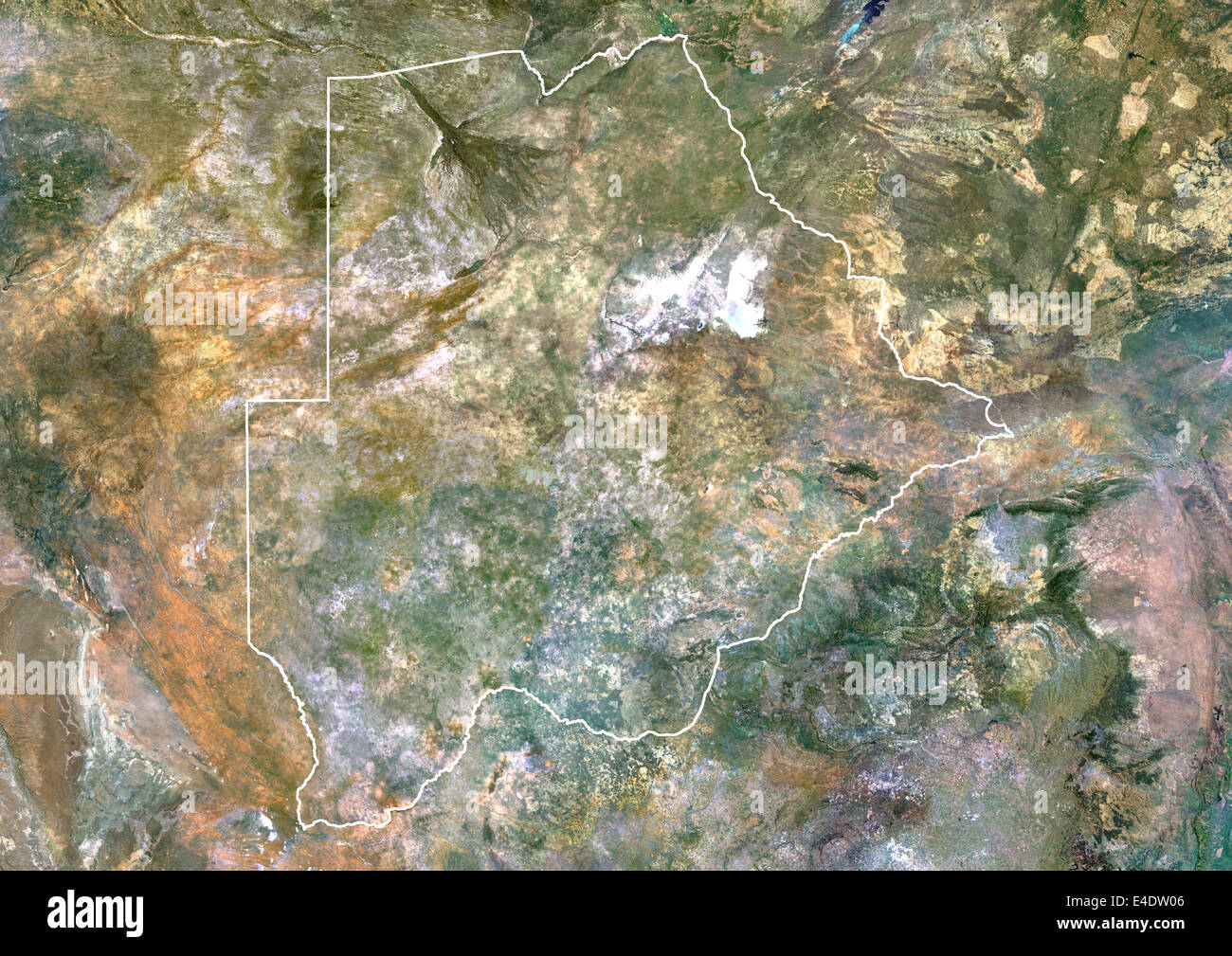 Le Botswana, l'Afrique, True Color Satellite Image avec bordure. Vue Satellite du Botswana (avec marges). Cette image a été compilé pour Banque D'Images