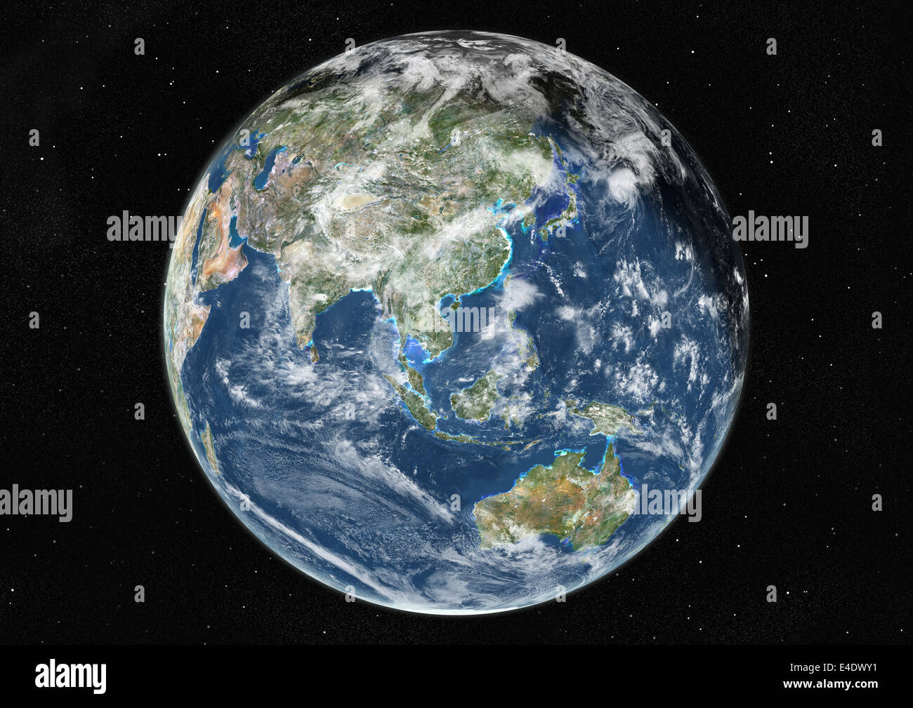 Monde centré sur l'Asie et l'Océanie, True Color Image satellite. La couleur vraie image satellite de la Terre centrée sur l'Asie et Oce Banque D'Images