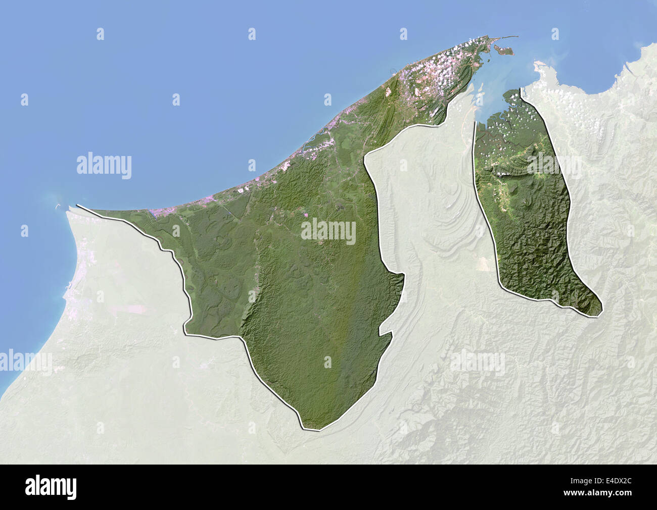 Brunei, image satellite avec effet de choc, avec bordure et masque Banque D'Images