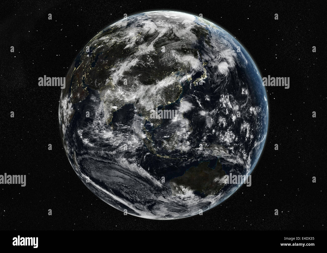 Monde centré sur l'Asie et l'Océanie, True Color Image satellite. La couleur vraie image satellite de la Terre centrée sur l'Asie et Oce Banque D'Images