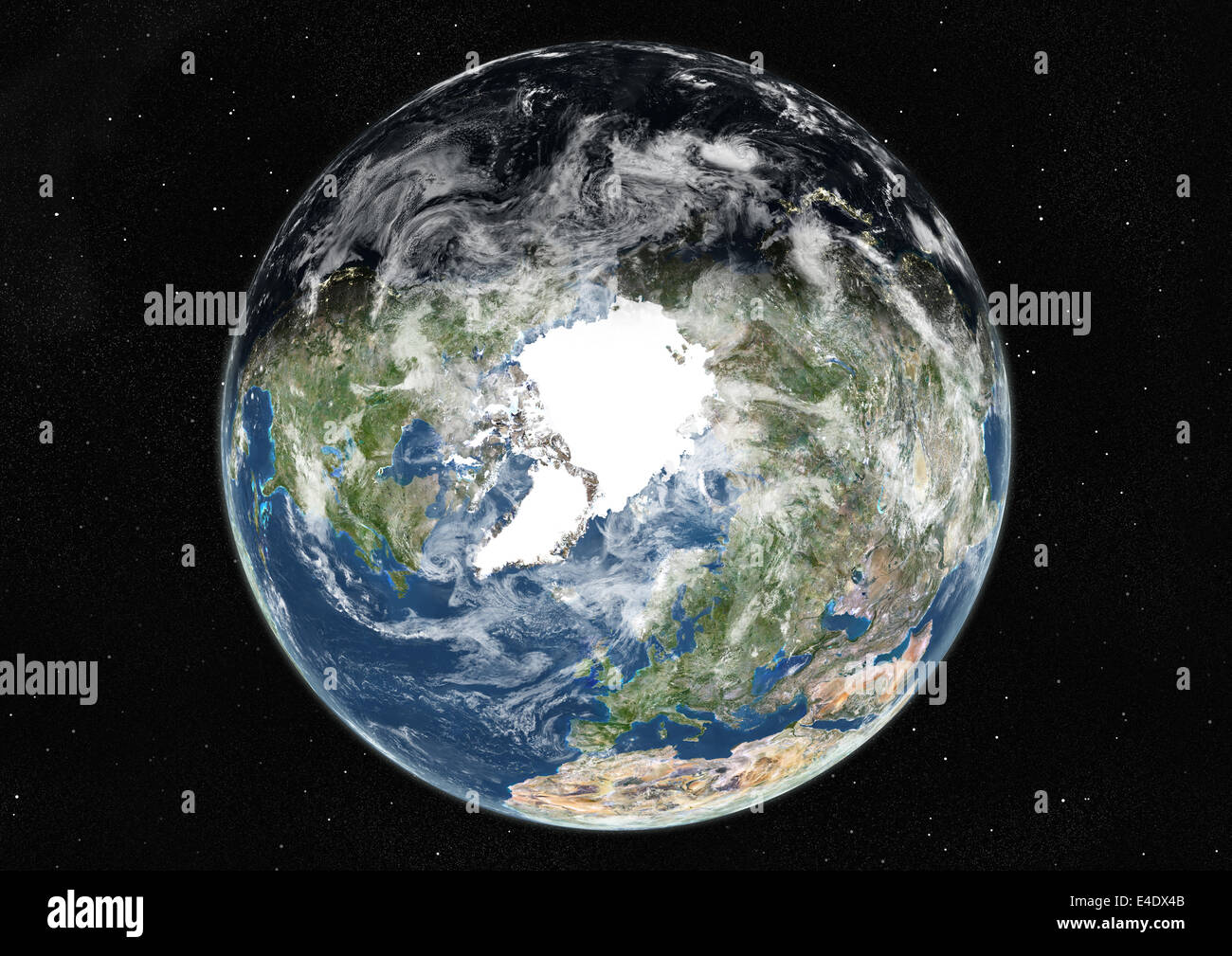 Monde centré sur le pôle Nord, True Color Image satellite. La couleur vraie image satellite de la Terre centrée sur le pôle Nord Banque D'Images