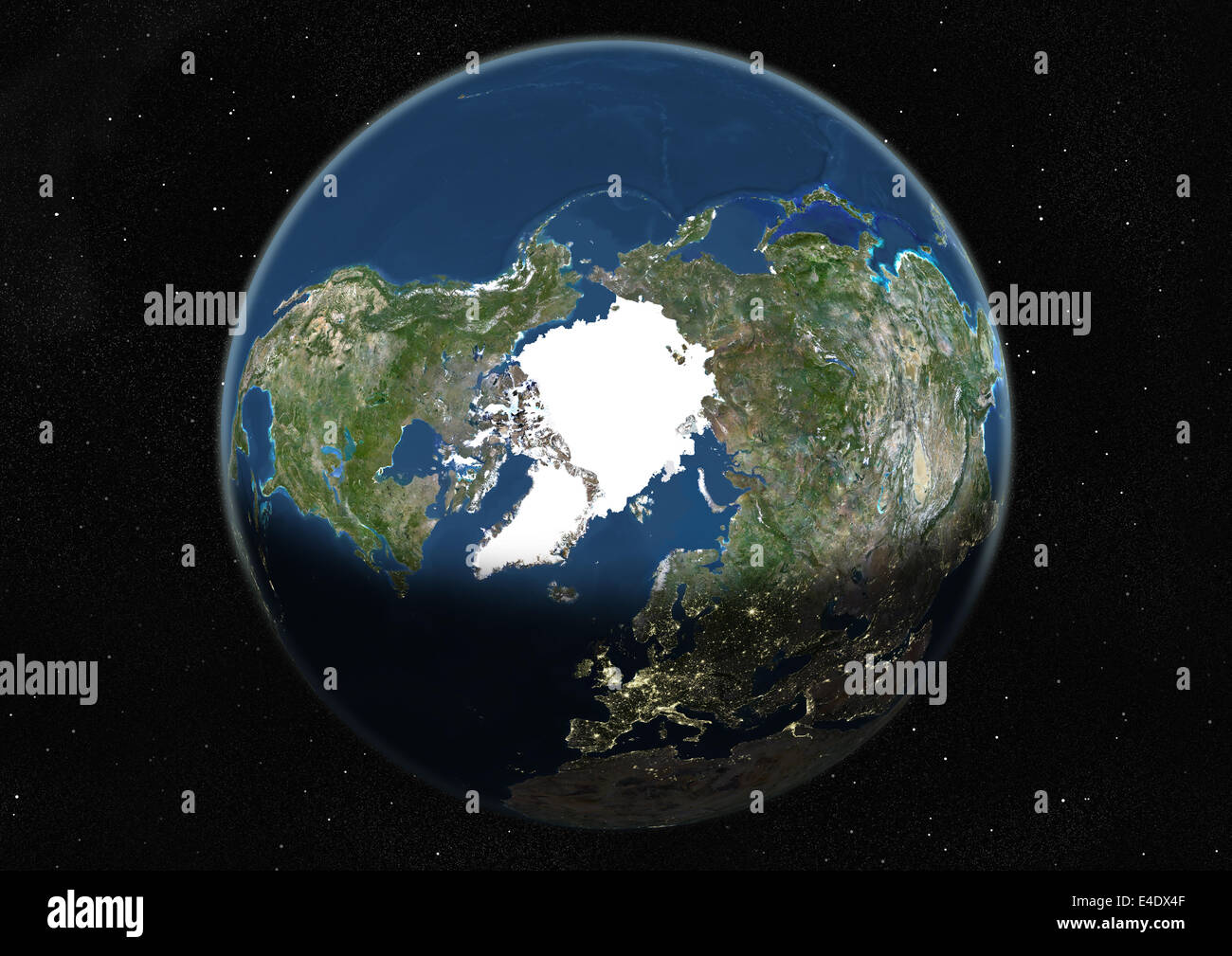 Monde Centre Sur Le Pole Nord True Color Image Satellite La Couleur Vraie Image Satellite De La Terre Centree Sur Le Pole Nord Photo Stock Alamy