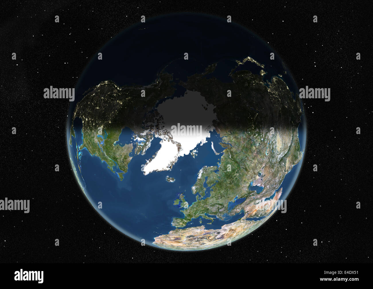 Monde centré sur le pôle Nord, True Color Image satellite. La couleur vraie image satellite de la Terre centrée sur le pôle Nord Banque D'Images