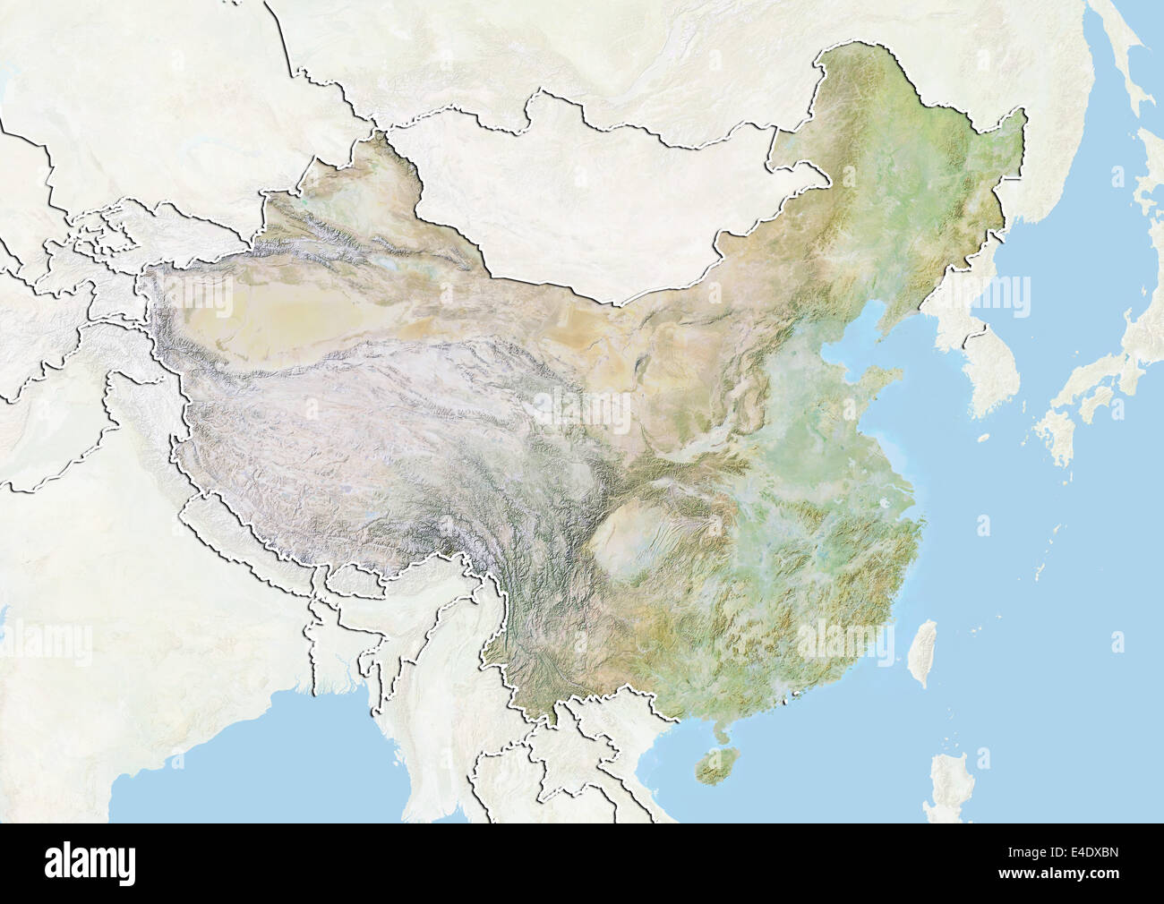 La Chine, carte en relief avec bordure et masque Banque D'Images