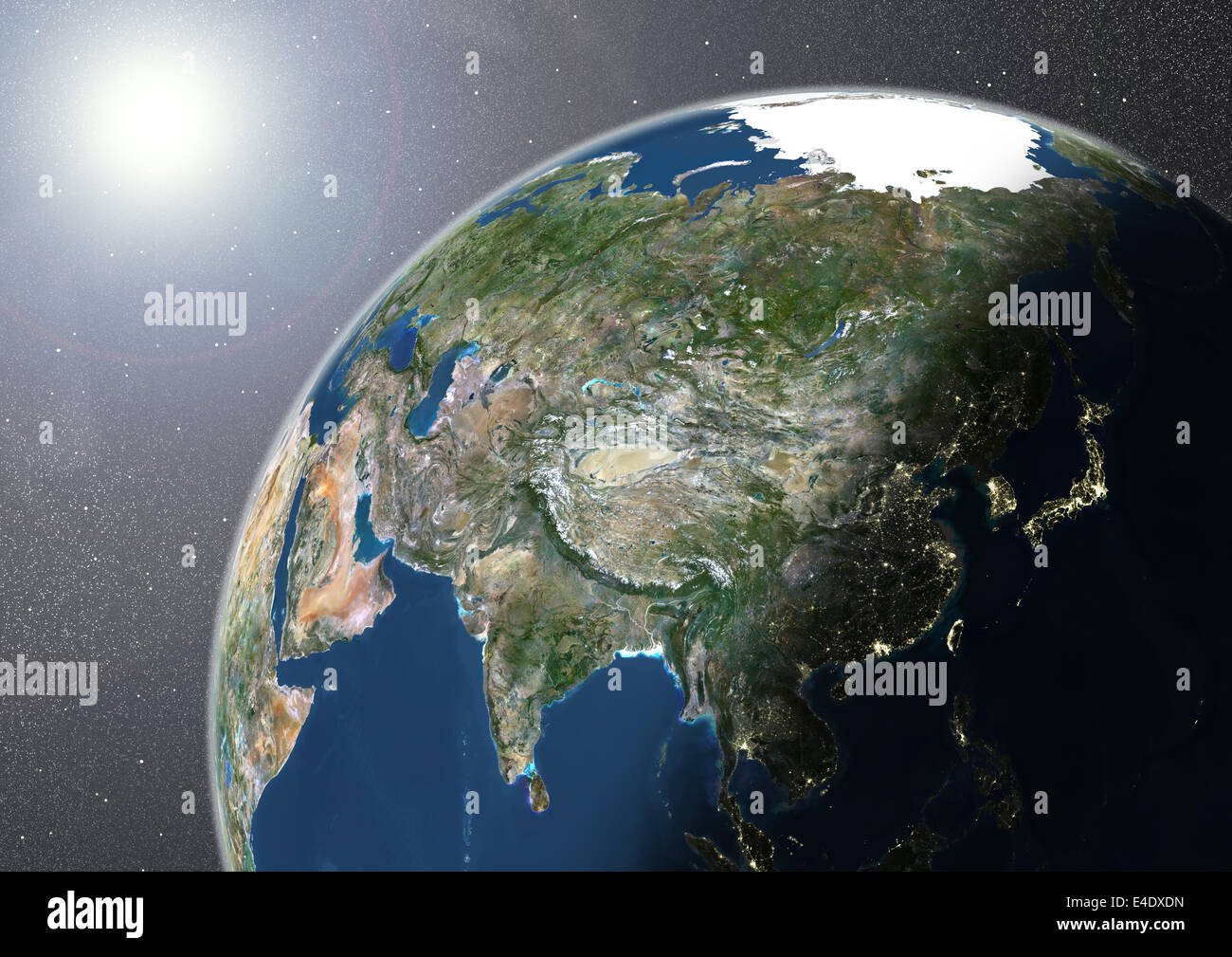 Globe Showing Asia, True Color Image satellite. La couleur vraie image satellite de la terre montrant l'Asie, la moitié dans l'ombre, et la Banque D'Images