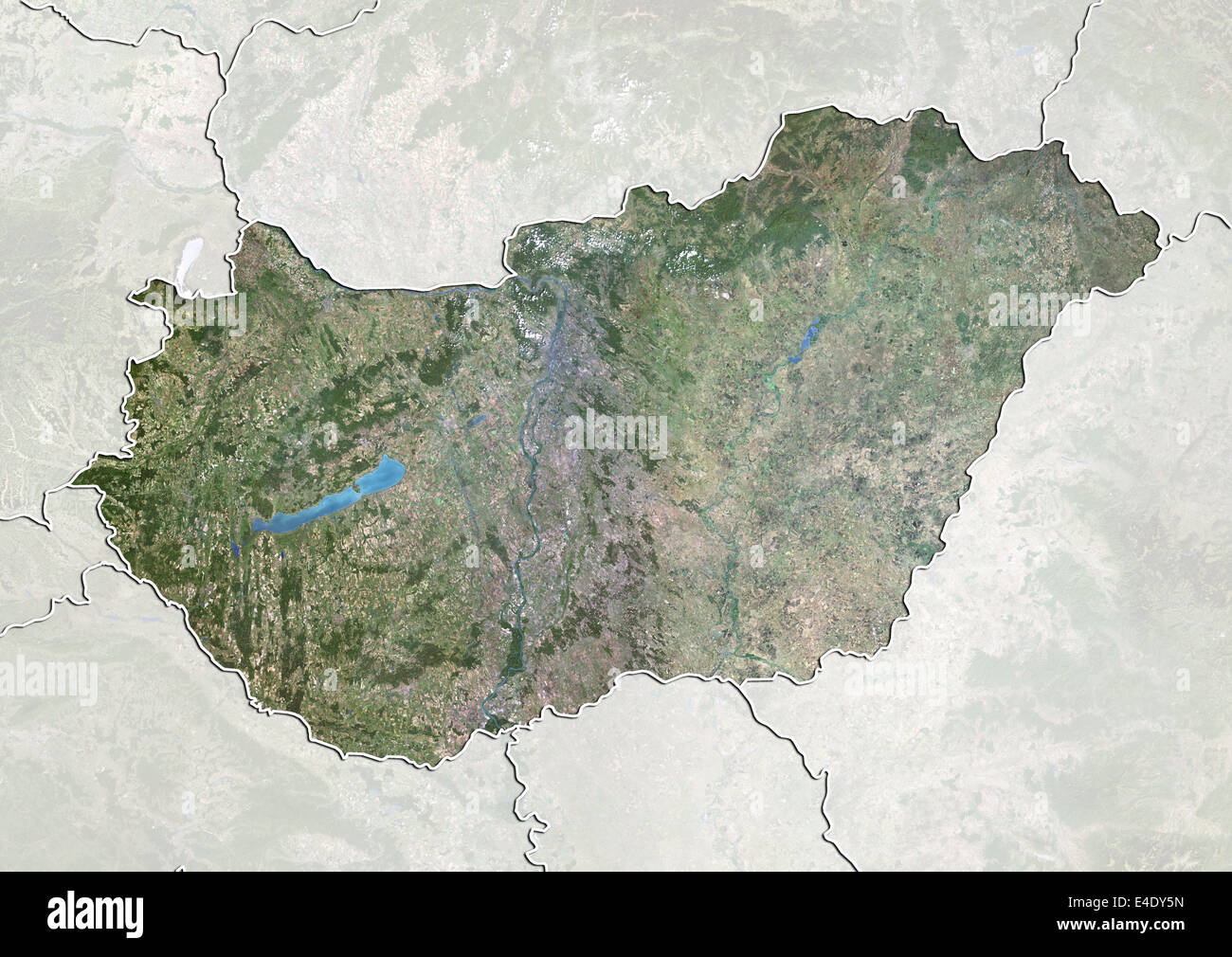 La Hongrie, True Color Satellite Image avec masque et de la frontière Banque D'Images