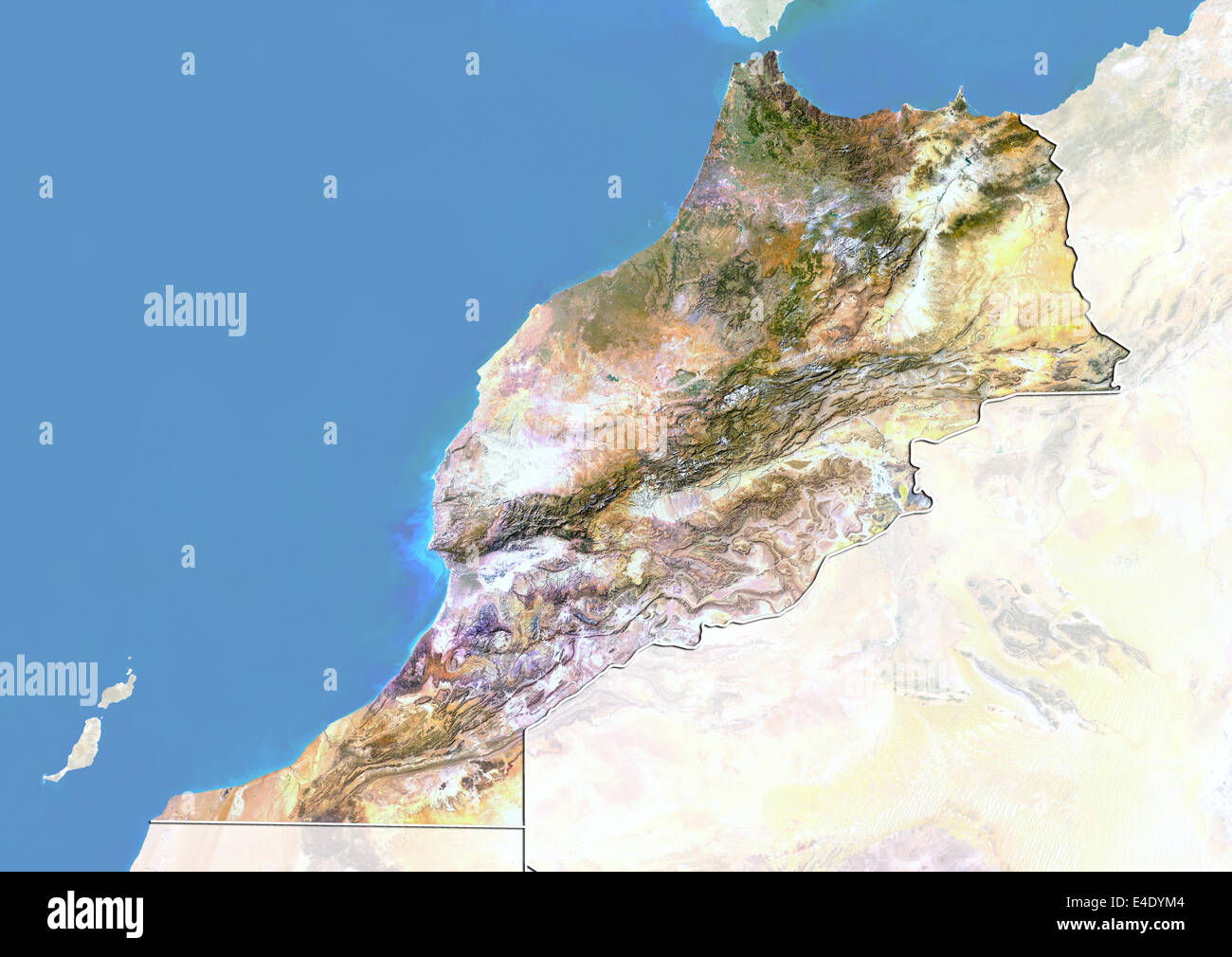 Le Maroc, image satellite avec effet de choc, avec bordure et masque Banque D'Images