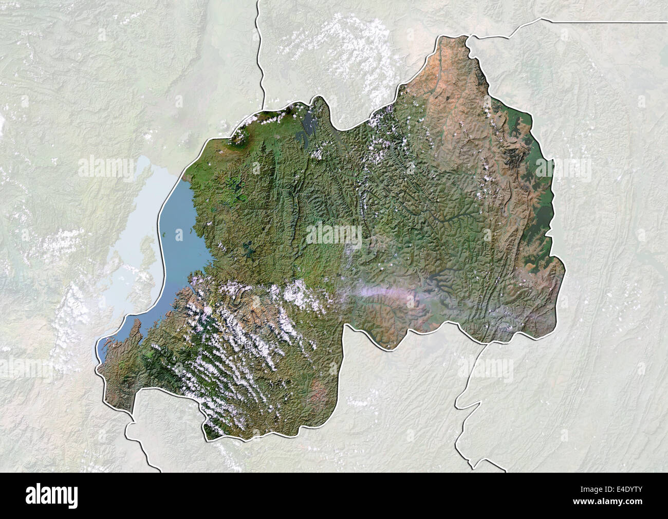 Le Rwanda, image satellite avec effet de choc, avec bordure et masque Banque D'Images