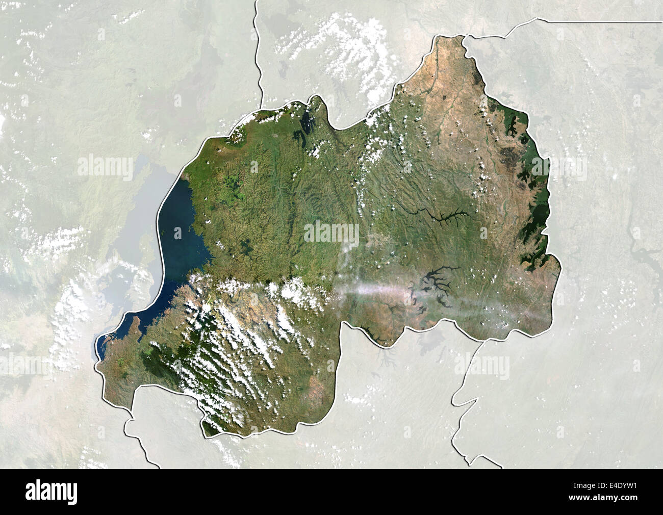 Le Rwanda, True Color Satellite Image avec masque et de la frontière Banque D'Images