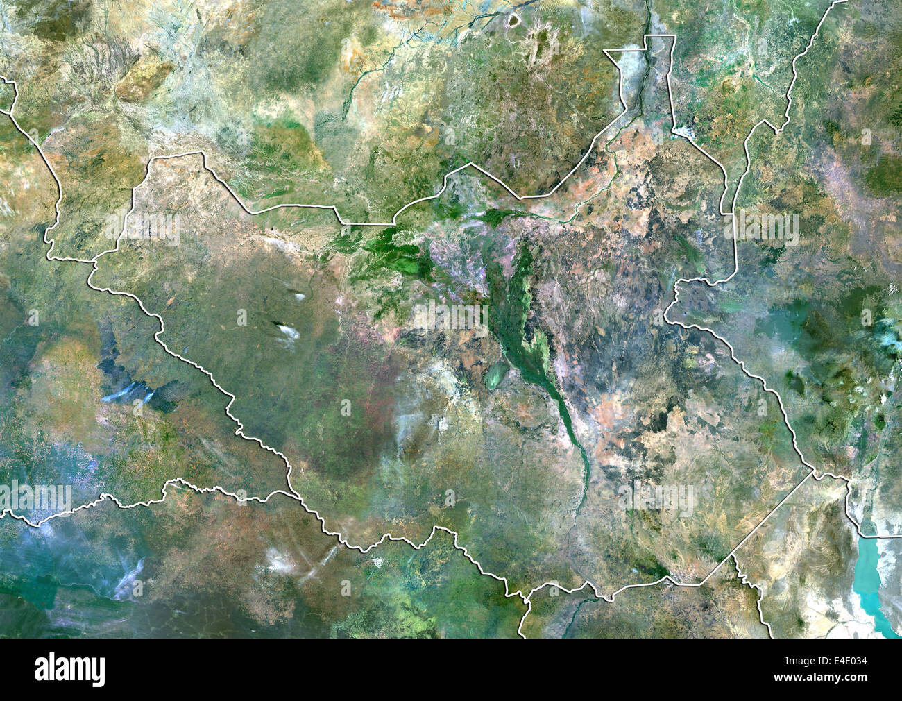 Le Soudan du Sud, True Color Satellite Image avec bordure Banque D'Images