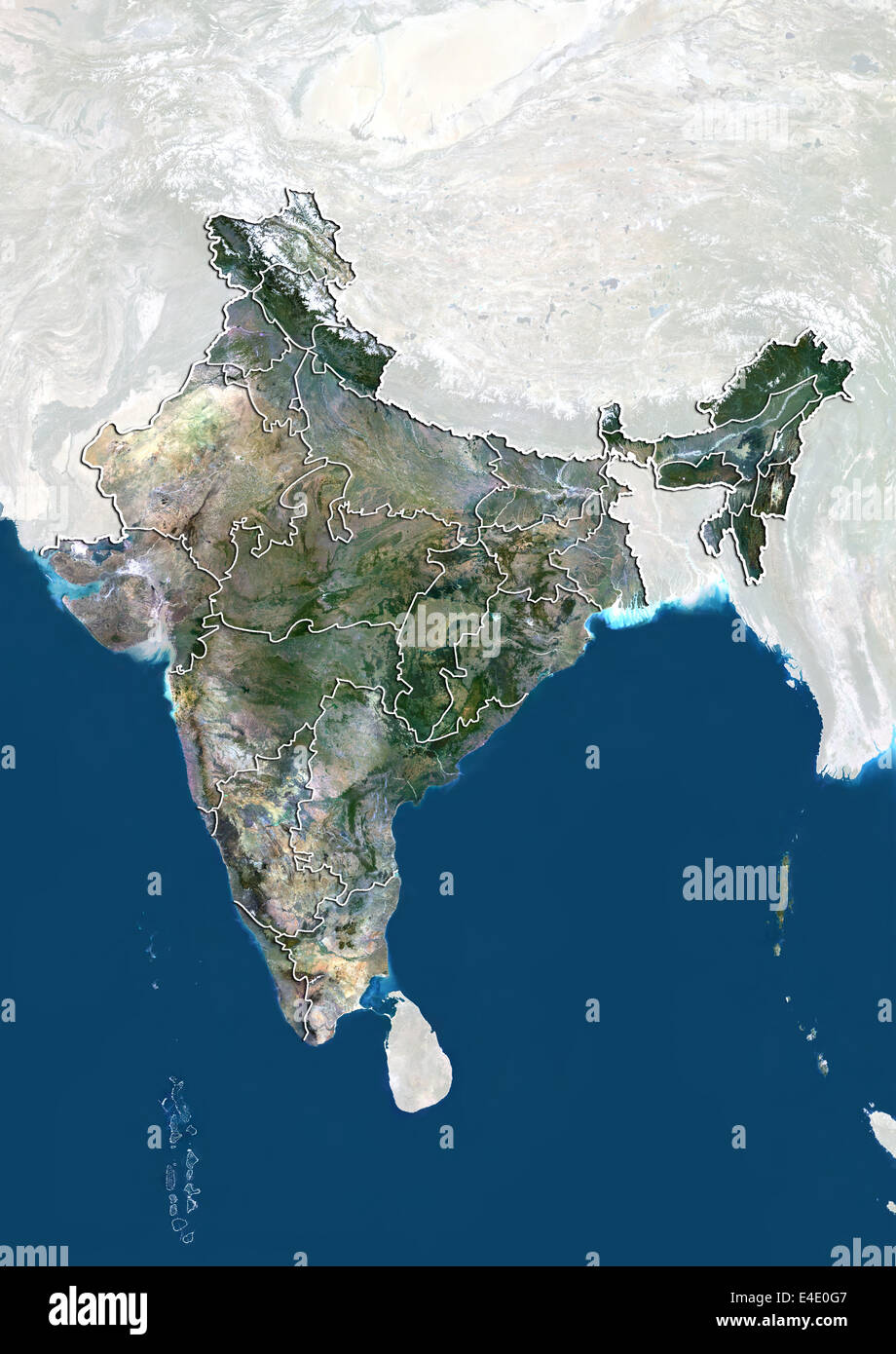 L'Inde, True Color Image satellite avec des frontières des Etats Banque D'Images