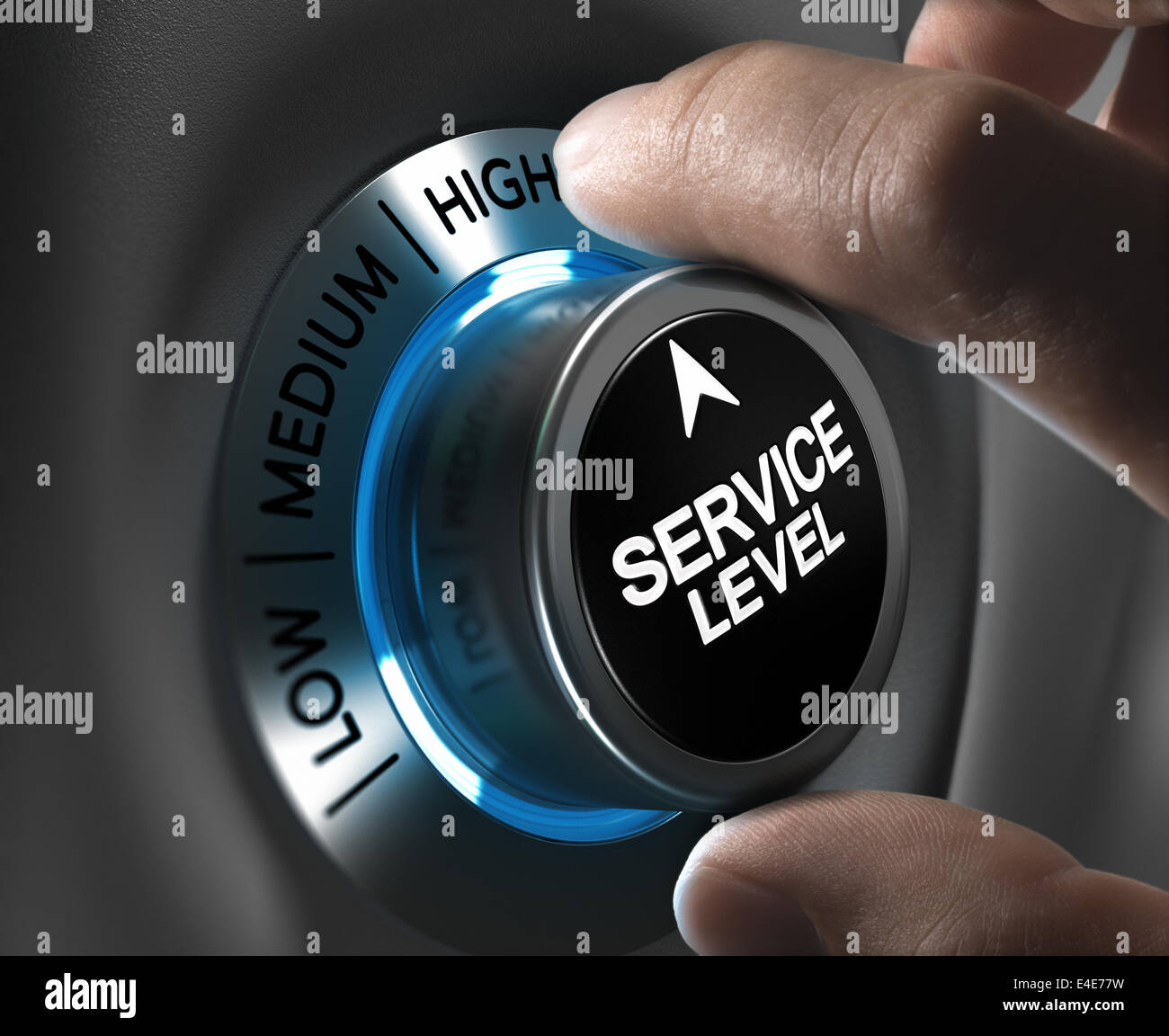 Niveau de service en pointant le bouton position haute avec effet de flou plus blue et gris. pour l'illustration de l'image conceptuelle Banque D'Images