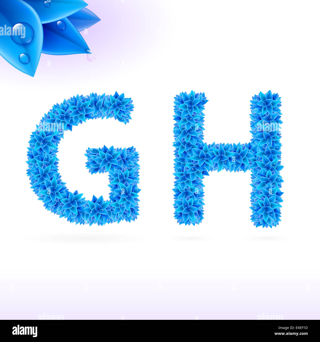 Sans serif avec décoration de feuilles bleu sur fond blanc. Les lettres G et H Banque D'Images