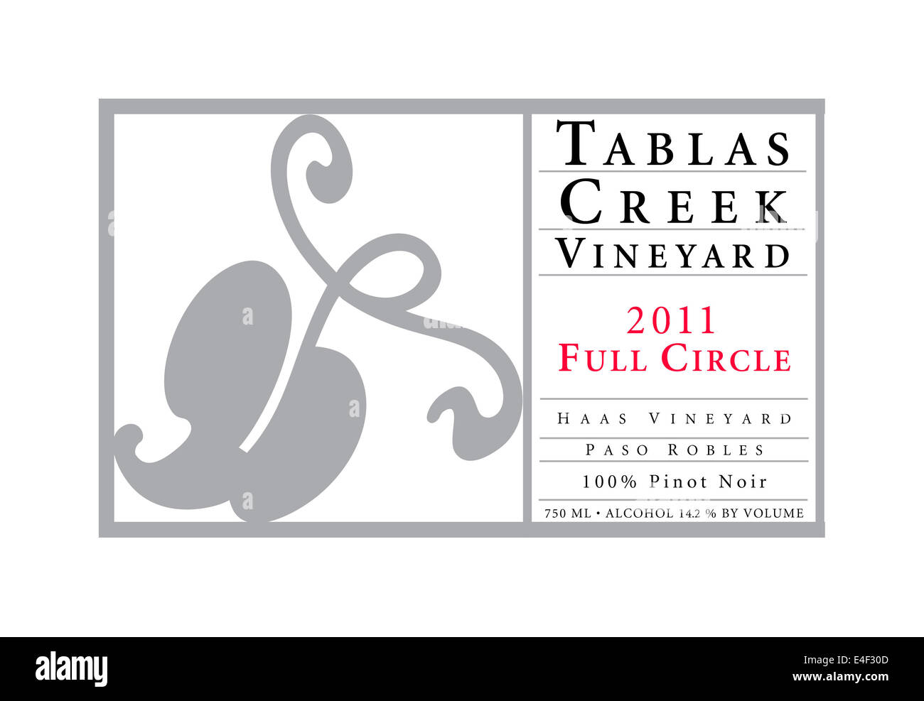 Bouteille de vin étiquette pour Tablas Creek Vineyard 2011 Full Circle Haas Vineyard Paso Robles Pinot Noir California USA Banque D'Images