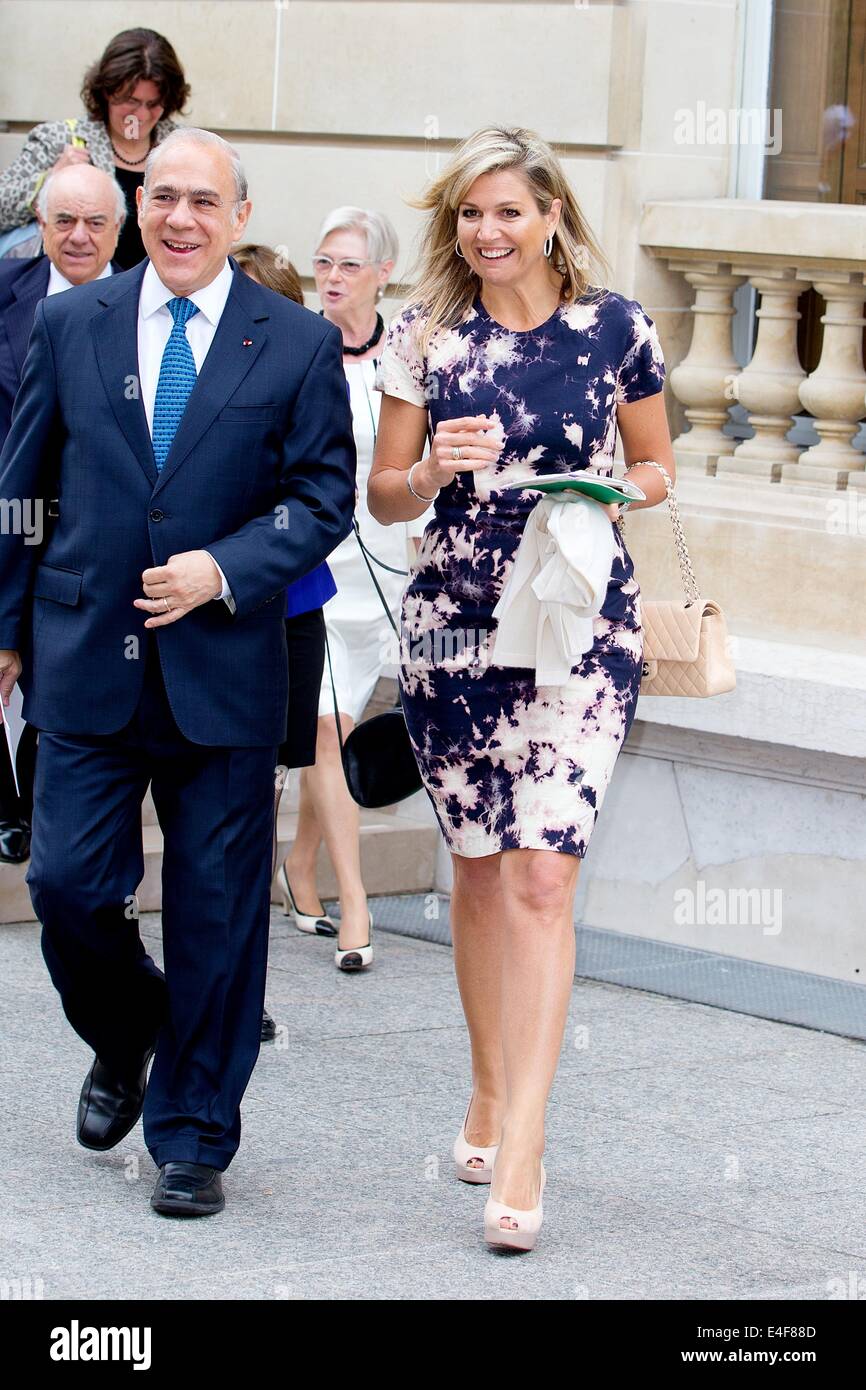 Paris, France. 09 juillet 2014. Maxima la reine des Pays-Bas et le Secrétaire général de l'OCDE, Angel Gurria, assister au lancement du premier rapport PISA de l'OCDE sur la littératie financière à l'OCDE (Organisation de coopération et de développement économiques) à Paris, France, 9 juillet 2014. Reine Maxima est le Secrétaire général de l ?s avocat spécial pour la finance inclusive pour le développement (UNCDF) et d'honneur de la G20 Partenariat mondial sur l'Inclusion Financière. Photo : Patrick van Katwijk/Pays-Bas ET FRANCE OUT - PAS DE SERVICE DE FIL/dpa/Alamy Live News Banque D'Images