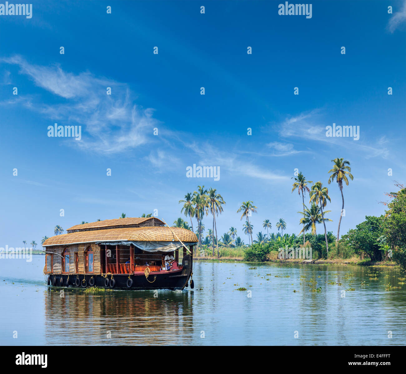 Arrière-plan de voyage tourisme Kerala Backwaters du Kerala - péniche sur. Kerala, Inde Banque D'Images