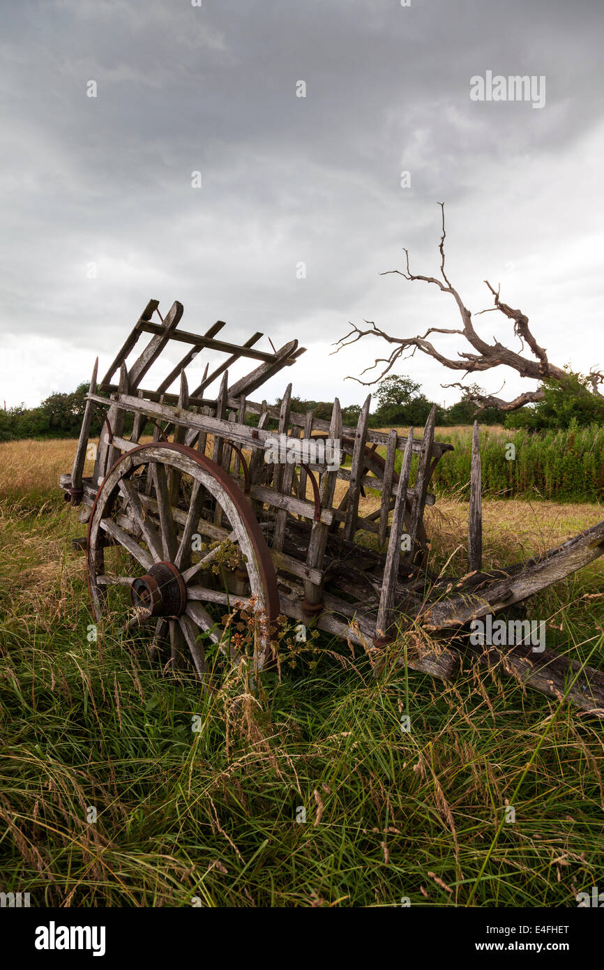 Vieux vieux matériel agricole ancienne ferme panier tenir pen avec roues Banque D'Images
