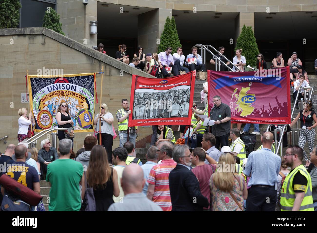 PCS (Public et le Service de Communication) Rallye le jour d'une grève avec le soutien de l'unisson des représentants pour protester contre rémunération, les pensions, l'emploi et la réduction des dépenses, Glasgow, Écosse, Royaume-Uni Banque D'Images