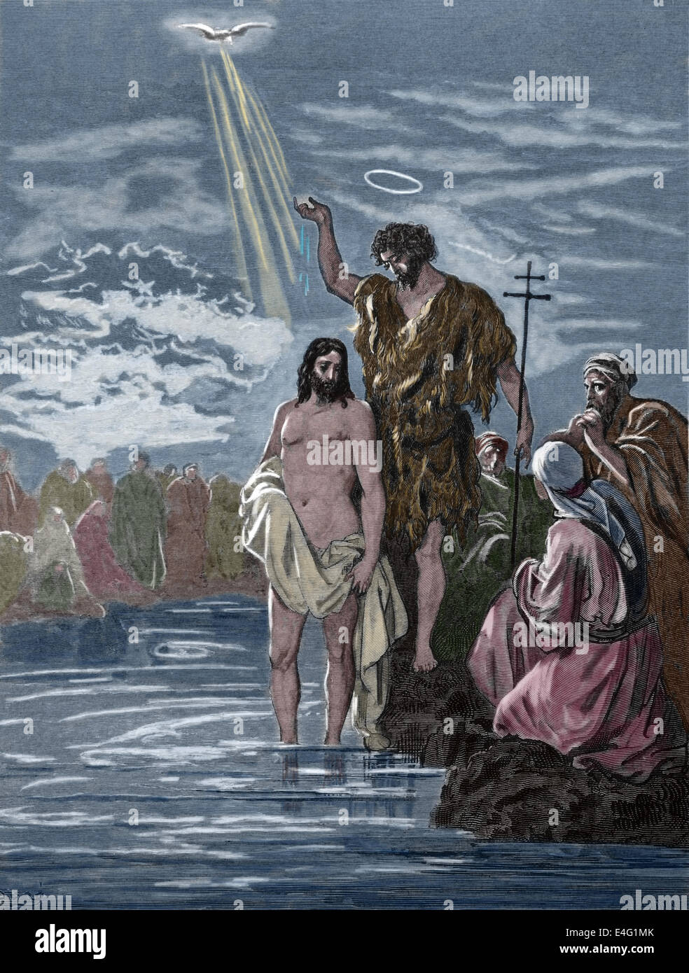 Nouveau Testament. Le baptême de Jésus. (Mattehw 3:16,17). Gravure de A. Ligny et dessin de Gustave Dore. Plus tard la couleur. Banque D'Images