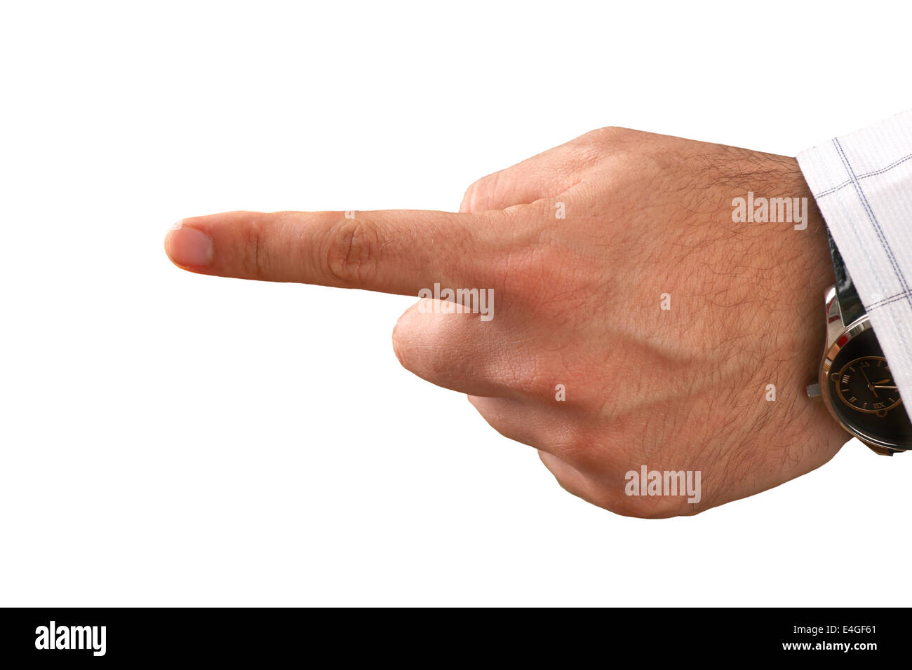 Main humaine avec le doigt point isolé sur fond blanc Banque D'Images