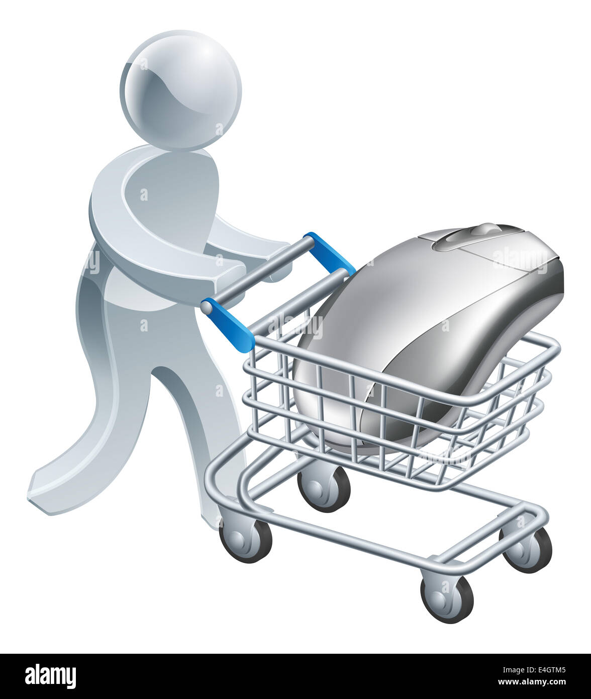 Une personne poussant une souris d'ordinateur dans un chariot ou panier shopping concept internet en ligne Banque D'Images