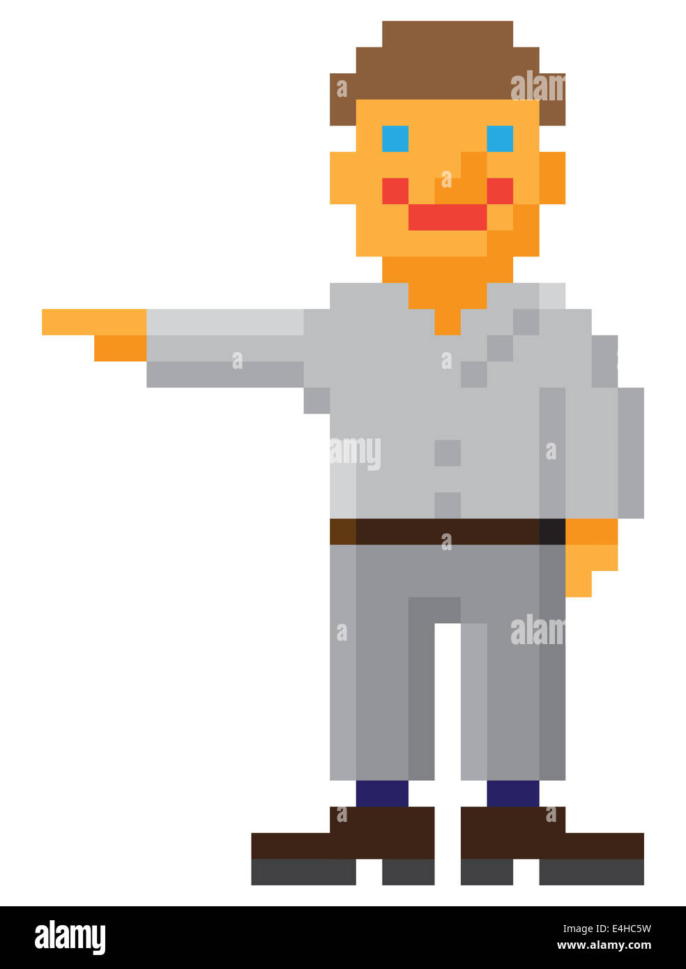 Pixel art homme style avec main pointée geste sur fond blanc Banque D'Images