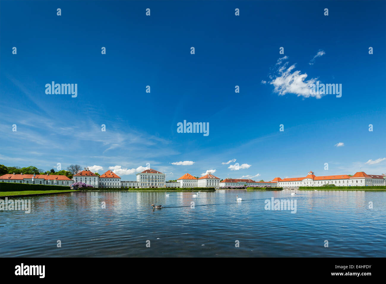 Les cygnes et canards dans la piscine artificiel devant le Palais Nymphenburg. Munich, Bavière, Allemagne Banque D'Images