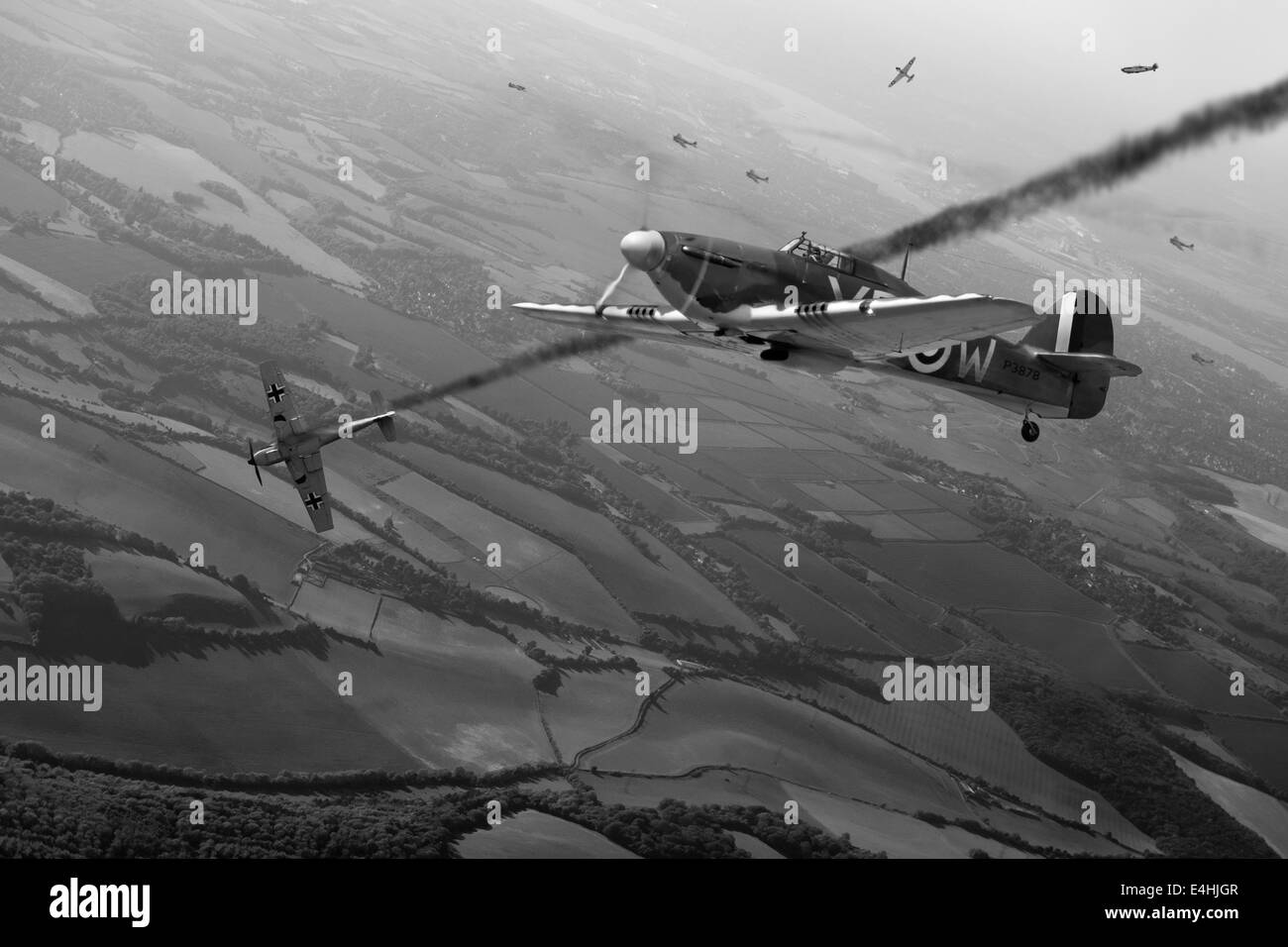 Bataille d'Angleterre le combat aérien combat artwork montrant RAF Hawker Hurricane abattre un Messerschmitt Bf 109 de la Luftwaffe. Banque D'Images