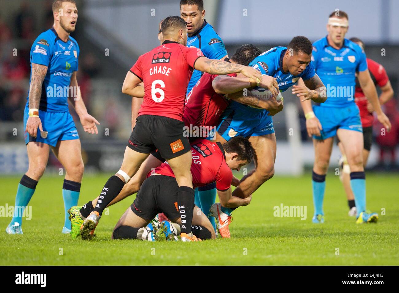 Salford, Royaume-Uni. 12 juillet, 2014. Super League Rugby. Salford Reds v Hull. Salford Red Devils Stand Off Rangi Chase en action. Credit : Action Plus Sport/Alamy Live News Banque D'Images